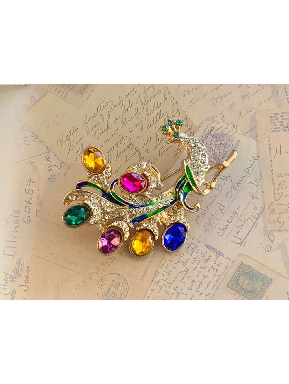 Colorful Peacock Brooch with Sparkling Rhinestones and Enamel Details
